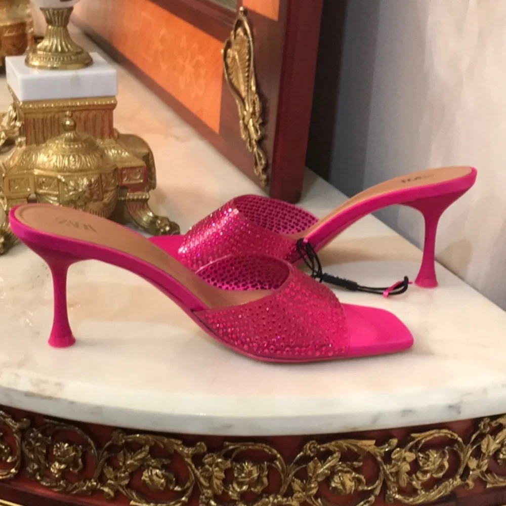 Zara SPARKLY VINYL PINK FUCHSIA SANDALS sz.8 - Picture 6 of 12